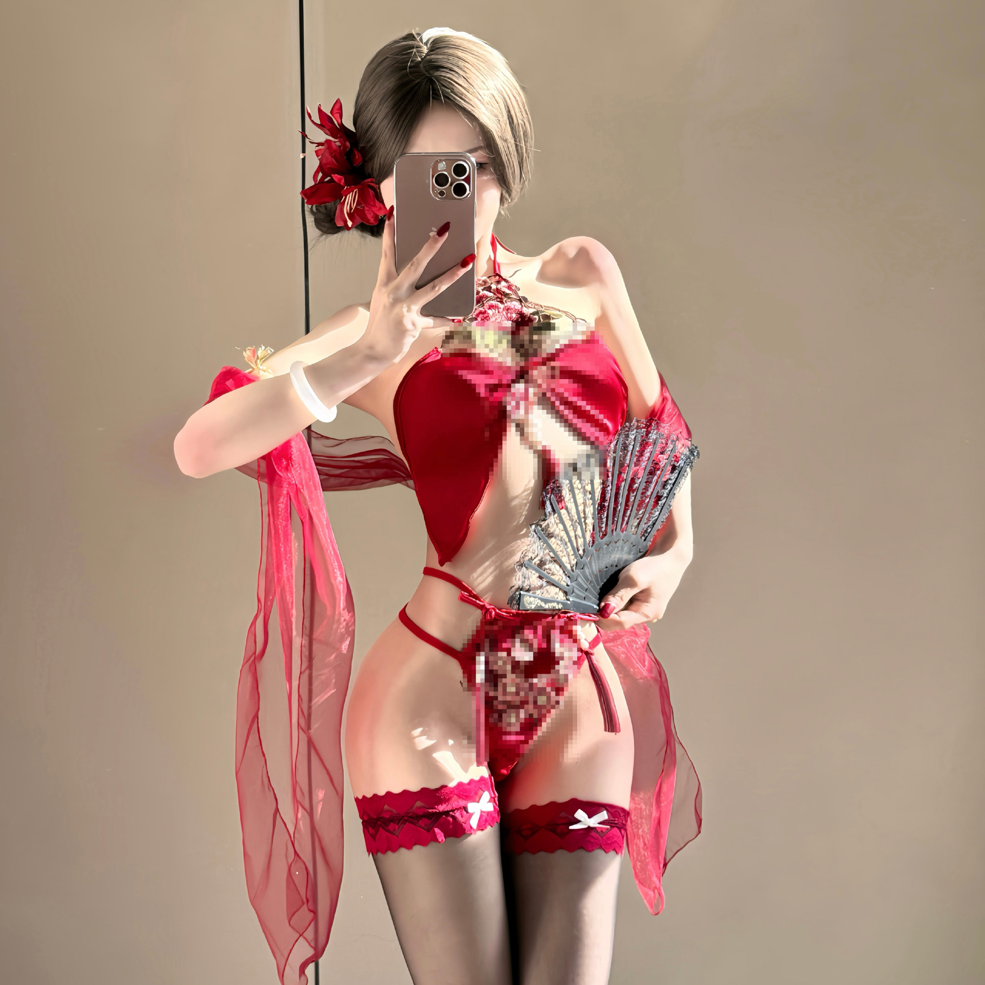 동양풍 모란 자수 스트링 톱 세트