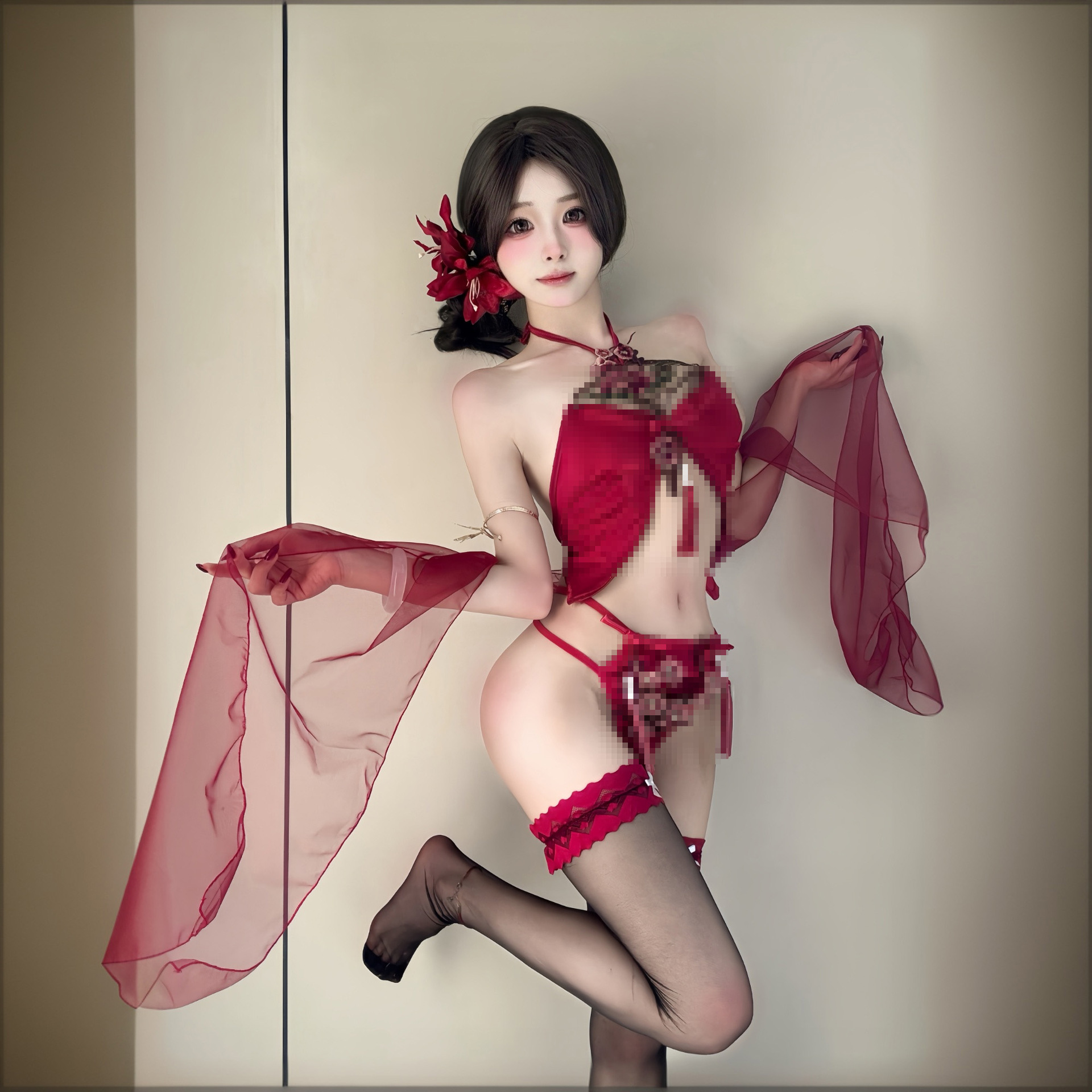 동양풍 모란 자수 스트링 톱 세트
