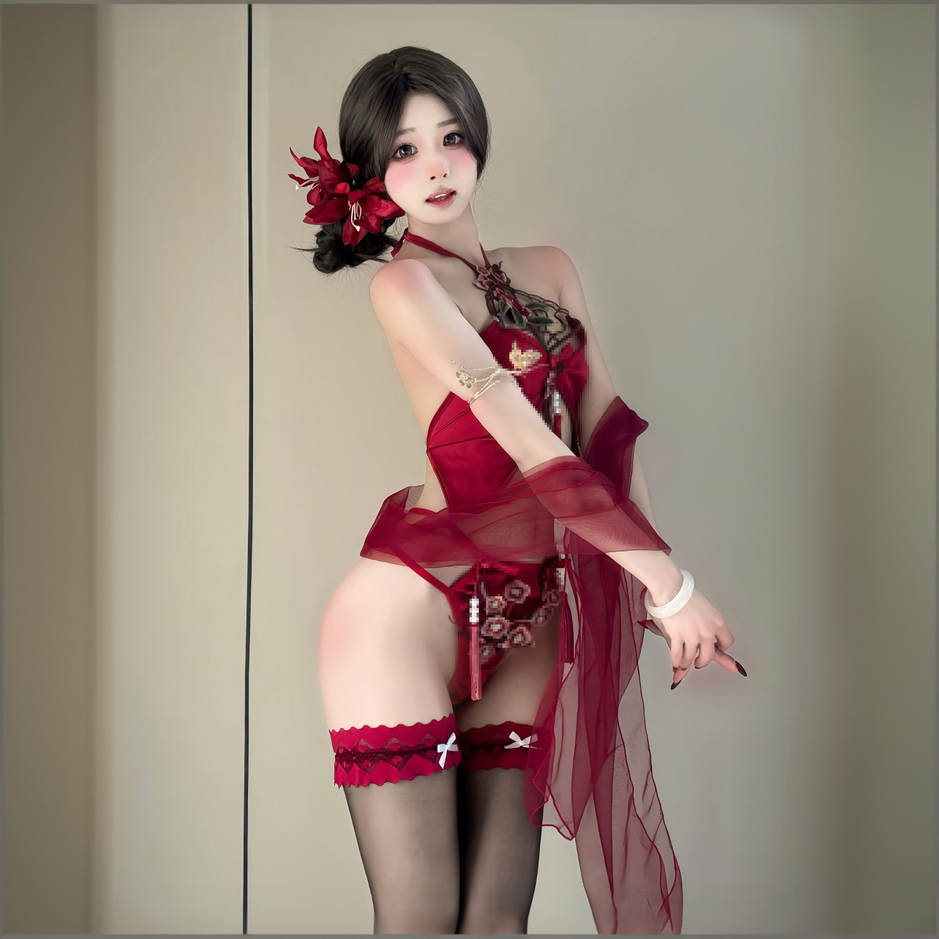 동양풍 모란 자수 스트링 톱 세트