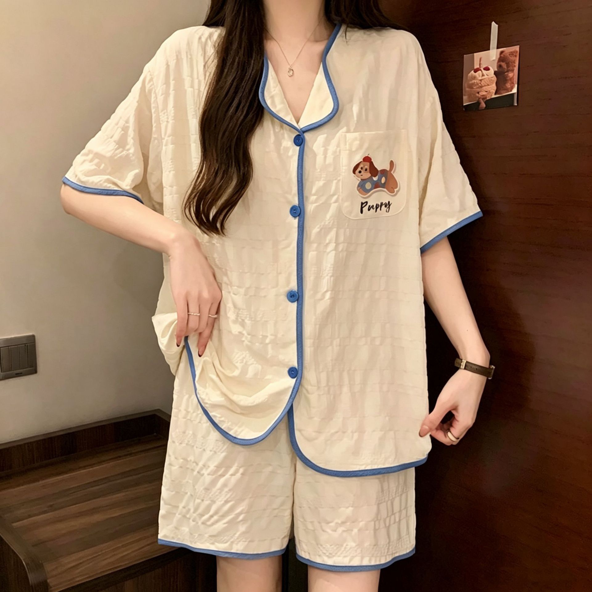 여름 반팔 칼라 클라우드 면 잠옷 여성용 루즈핏 가디언 스타일 인기 홈웨어 세트